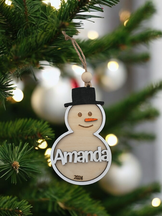 snowman ornaments with top hat and daisy flower personalised Christmas ornament