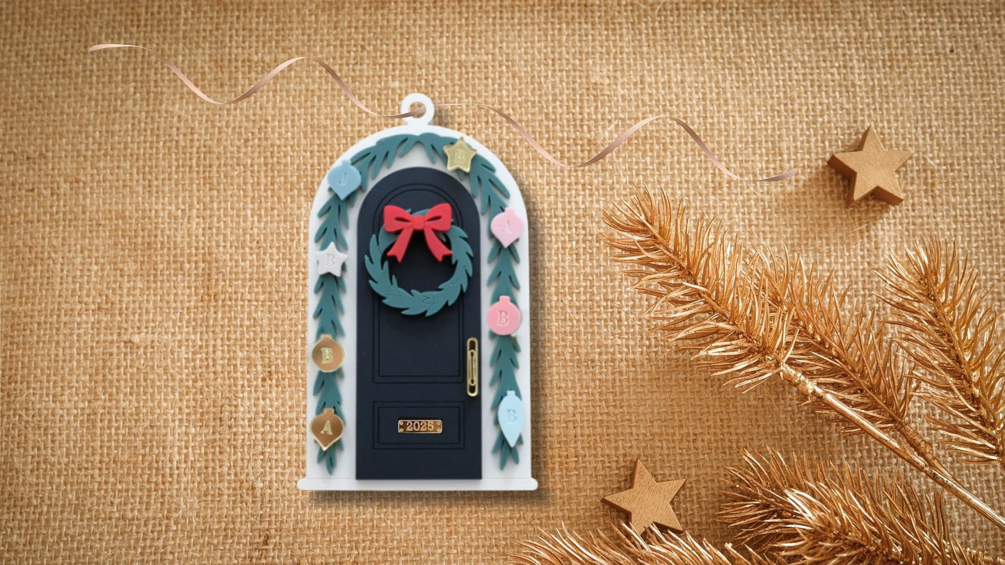 Decorative door ornament with wreath and bow on a textured brown background