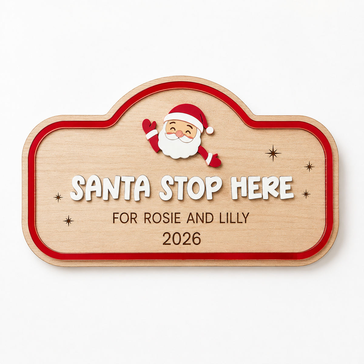 Decorative Santa Stop Here sign plaque by PeppaTree Designs, featuring festive holiday lettering on a wooden background.