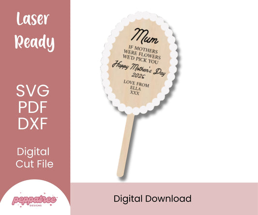 Digital cut file for a Mother's Day card on a stick with text and 'peppaprice' branding.
