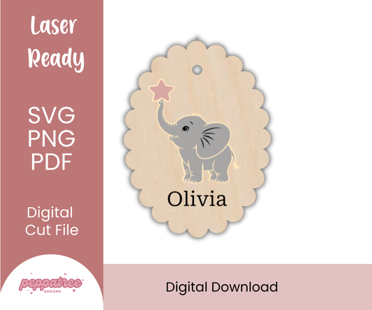 Elephant Nursery Decor | Custom Baby Name Scalloped Tag - PeppaTree Designs