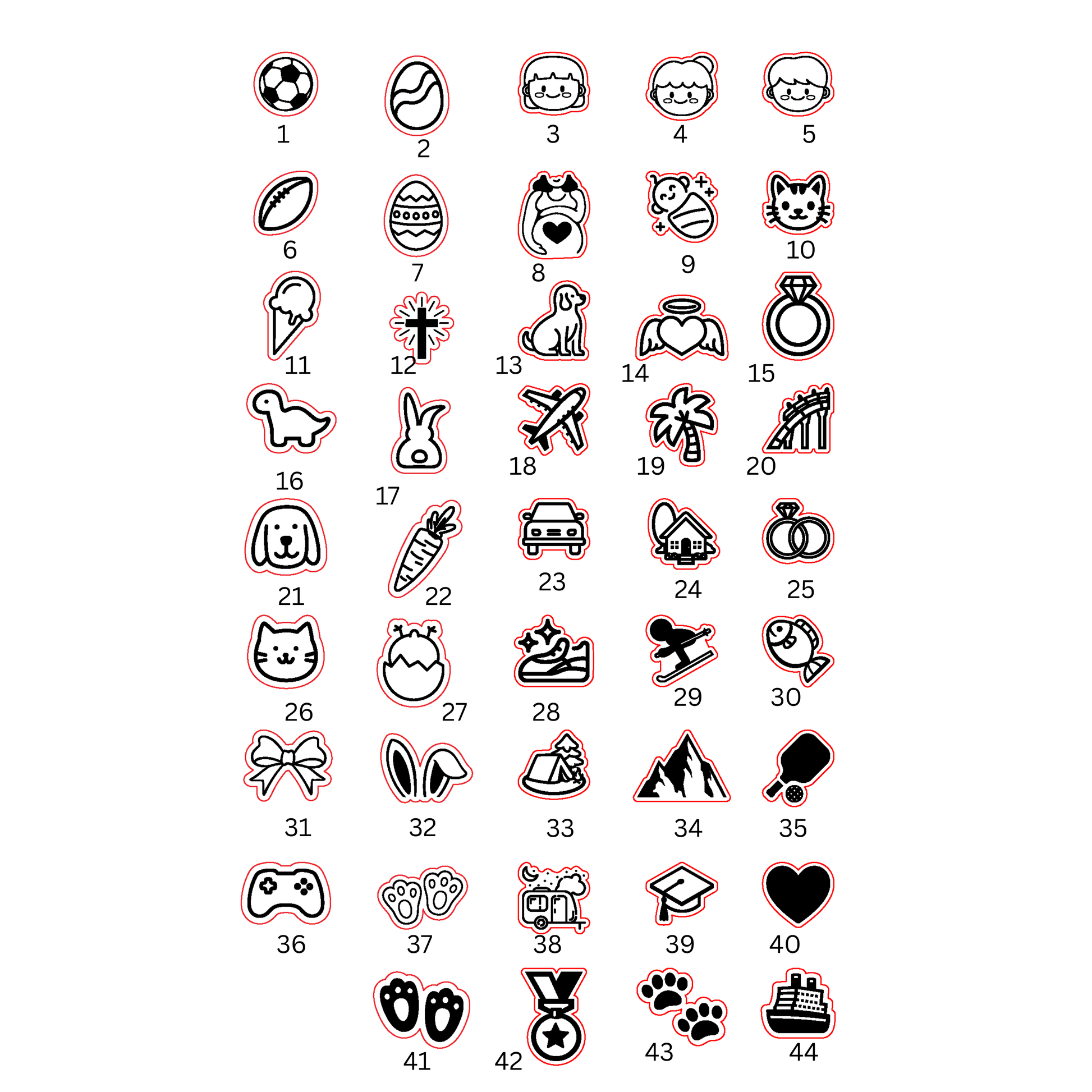 Set of 44 small icons with various designs on a white background