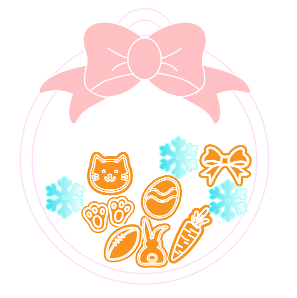 Set of cute illustrations including a pink bow, cat face, paw prints, fish, carrot, and snowflakes on a white background.