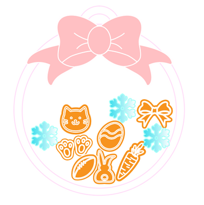 Set of cute illustrations including a pink bow, cat face, paw prints, fish, carrot, and snowflakes on a white background.