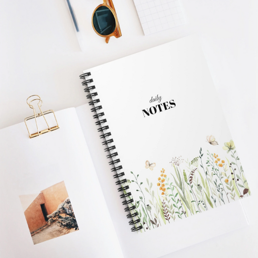 Spring Flower and Butterfly Spiral Daily Notebook - Ruled Line - PeppaTree Design Store