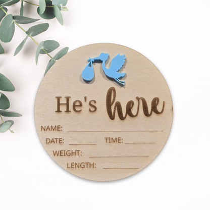 He's here or She's here Stock Baby Announcement Disc