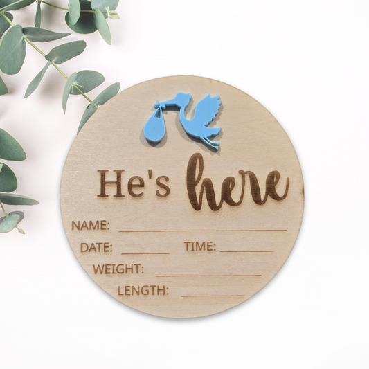 He's here or She's here Stock Baby Announcement Disc