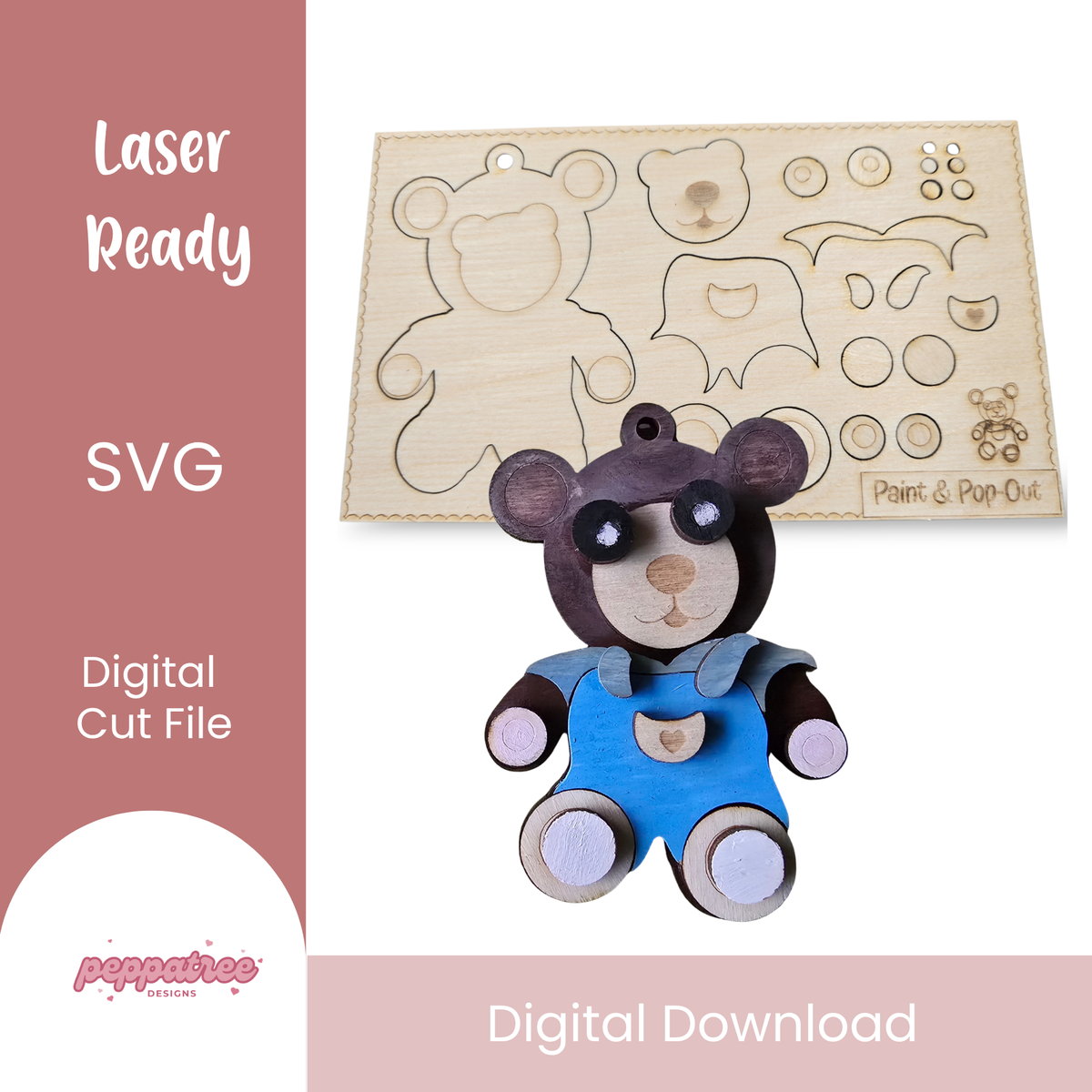 Digital Valentines Bear Paint and Pop Out Kit by PeppaTree Designs featuring a cute teddy bear image for children’s craft activities.