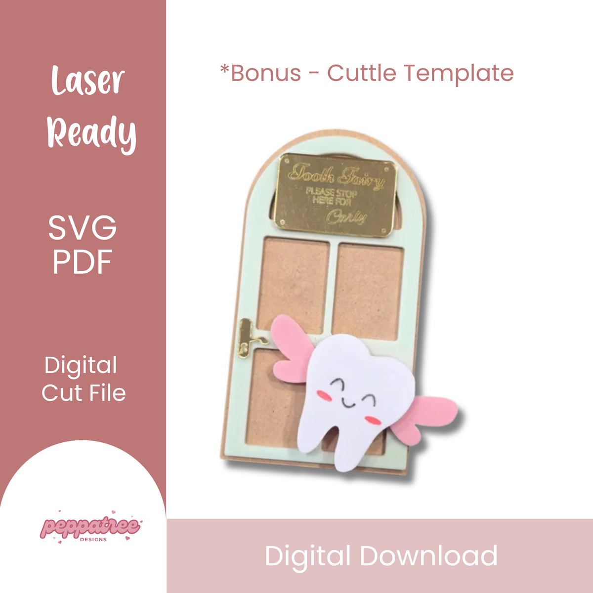 Digital tooth fairy door template featuring a cute baby-themed design by PeppaTree Designs, displayed as a tooth-shaped graphic.
