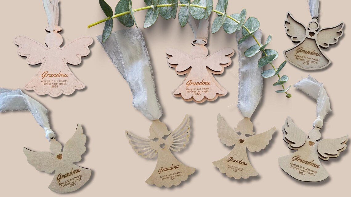 Angel ornament depicting a grandma, family remembrance keepsake by PeppaTree Designs, with detailed angel figure and heartfelt design.