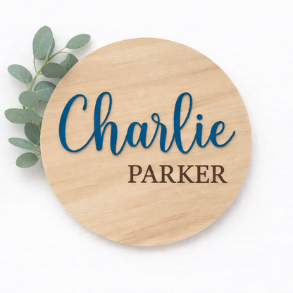 Blue 3D birth announcement disc featuring first and last name, showcasing PeppaTree Designs' personalized baby announcement.