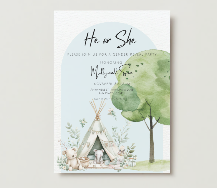 Boho Gender Reveal Invitation - Teepee - PeppaTree Designs