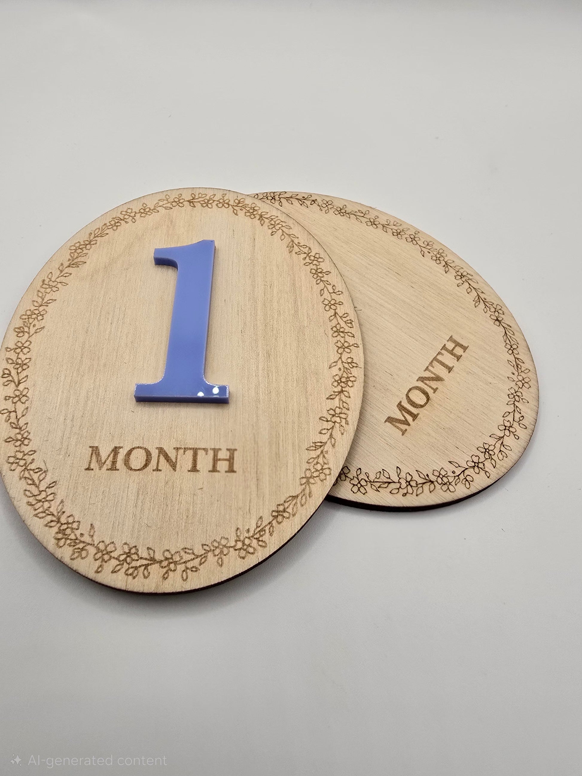 Two wooden milestone boards with '1 Month' and 'Month' engraved on a gray background