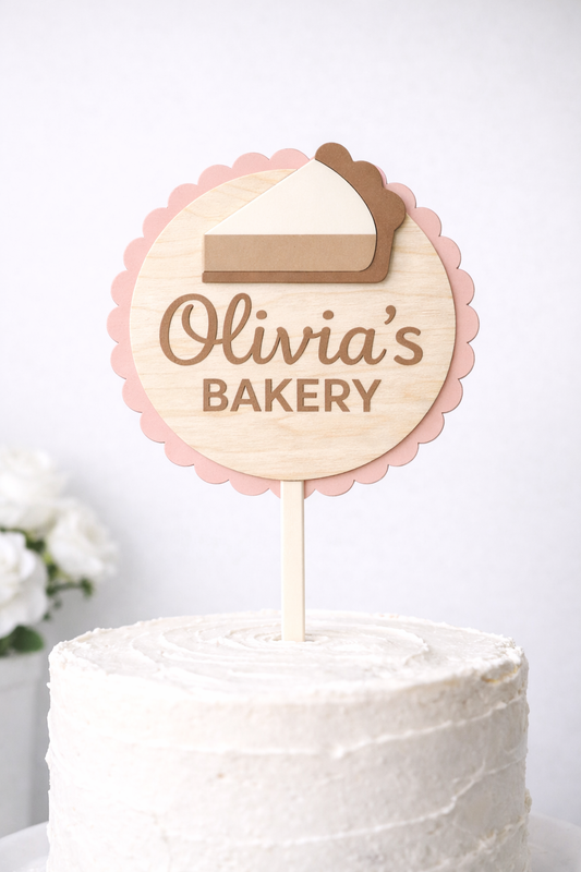 Scalloped round custom bakery cake topper by PeppaTree Designs on a cake piece for celebration.