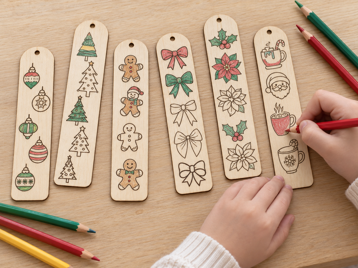 Six wooden Christmas ornament tags with hand-drawn holiday illustrations are arranged on a wooden table, with a child's hands holding colored pencils and coloring one of the tags.