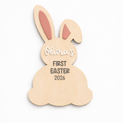 PeppaTree Designs Easter Bunny Footprint Plaque with "My 1st Easter" text on acrylic, featuring colorful Easter-themed design.