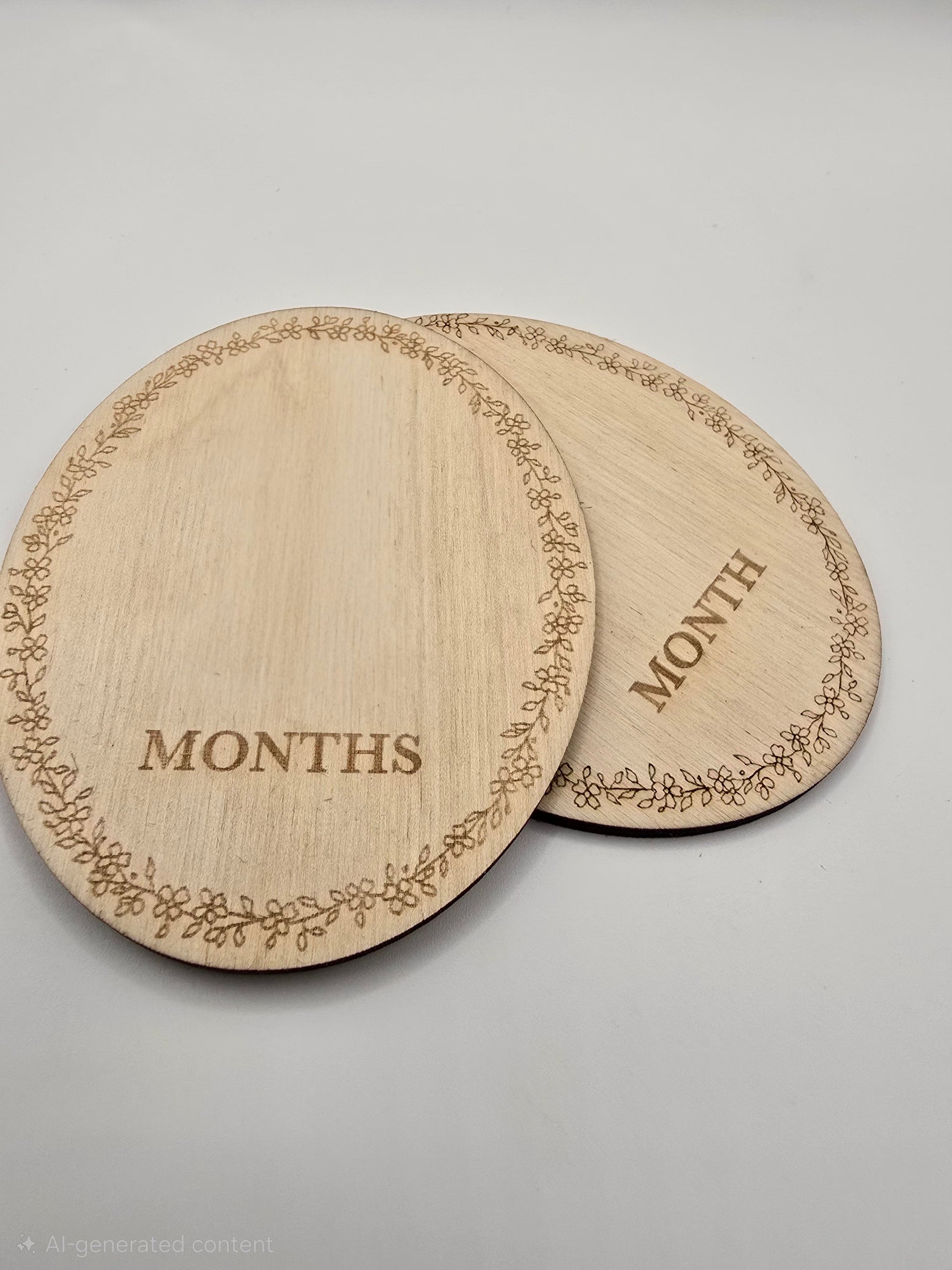 Two wooden circular plates with 'MONTHS' engraved on them, on a gray background.