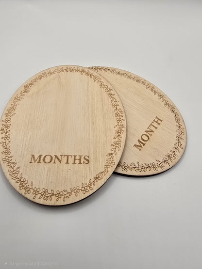 Two wooden circular plates with 'MONTHS' engraved on them, on a gray background.
