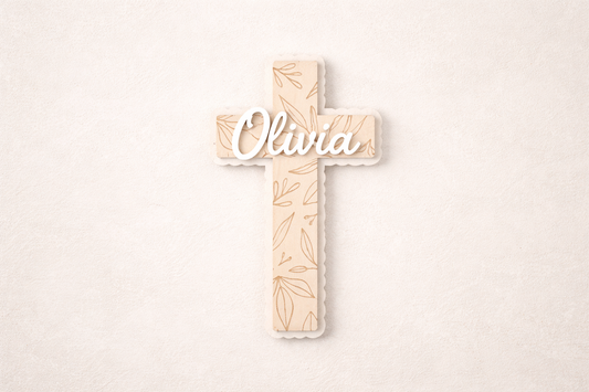 Personalised floral cross wall sign by PeppaTree Designs featuring a decorative cross with colorful floral accents.