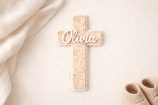 Personalised floral cross wall sign by PeppaTree Designs featuring engraved floral details on a wooden plaque.