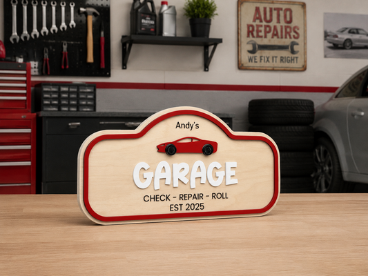PeppaTree Designs garage pretend play wall sign featuring a colorful, playful design for kids' imaginative garage role-playing.