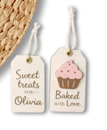 Custom bakery gift tags featuring cake toppers by PeppaTree Designs, with colorful decorative designs for special occasions.