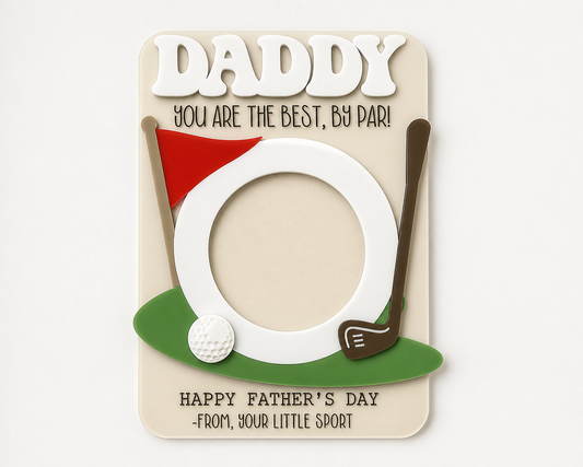 Golf-themed Father's Day keepsake by PeppaTree Designs, featuring an acrylic frame with engraved golf and father imagery.