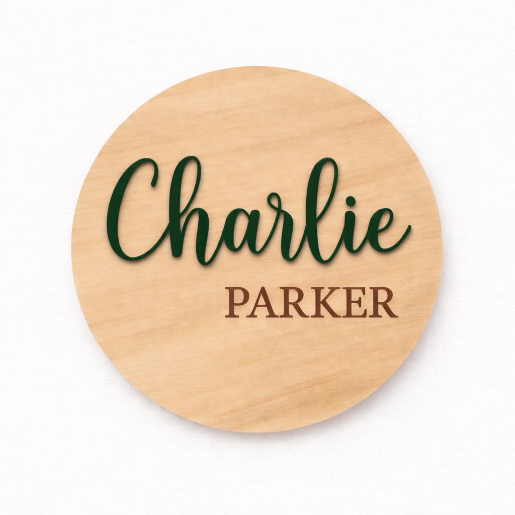 Green 3D birth announcement disc by PeppaTree Designs featuring baby's first and last name in a decorative 3D design.