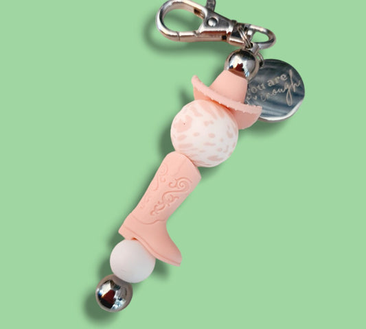 Pink Cowboy Boot and Hat with Charm "You are enough" Beaded Bar Keychain - PeppaTree Design Store
