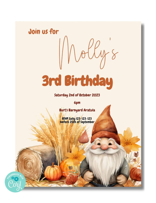 Fall Gnome Watercolor Birthday Invitation - PeppaTree Designs