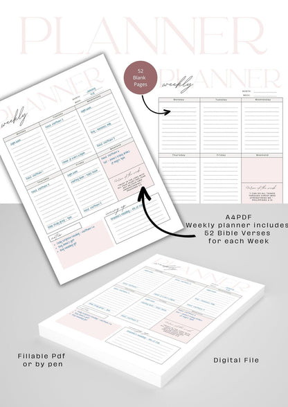 Printable 52-week Planner with Bible Verses | Faith Religion Planner | Christian Planner | 52 Sheets