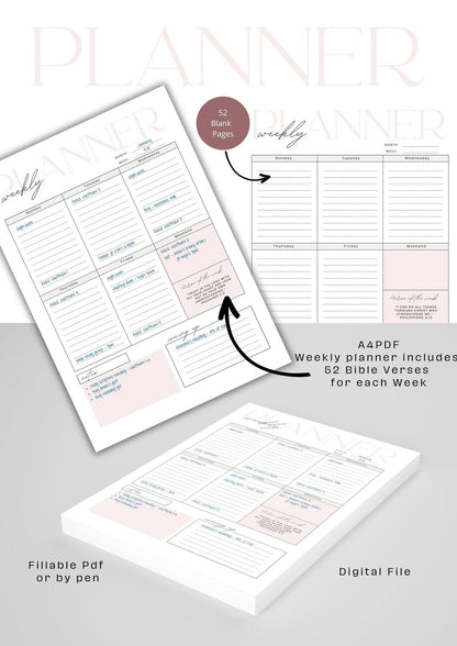 Printable 52-week Planner with Bible Verses | Faith Religion Planner | Christian Planner | 52 Sheets - PeppaTree Designs