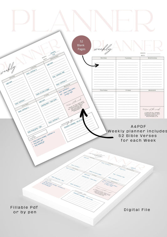 Printable 52-week Planner with Bible Verses | Faith Religion Planner | Christian Planner | 52 Sheets