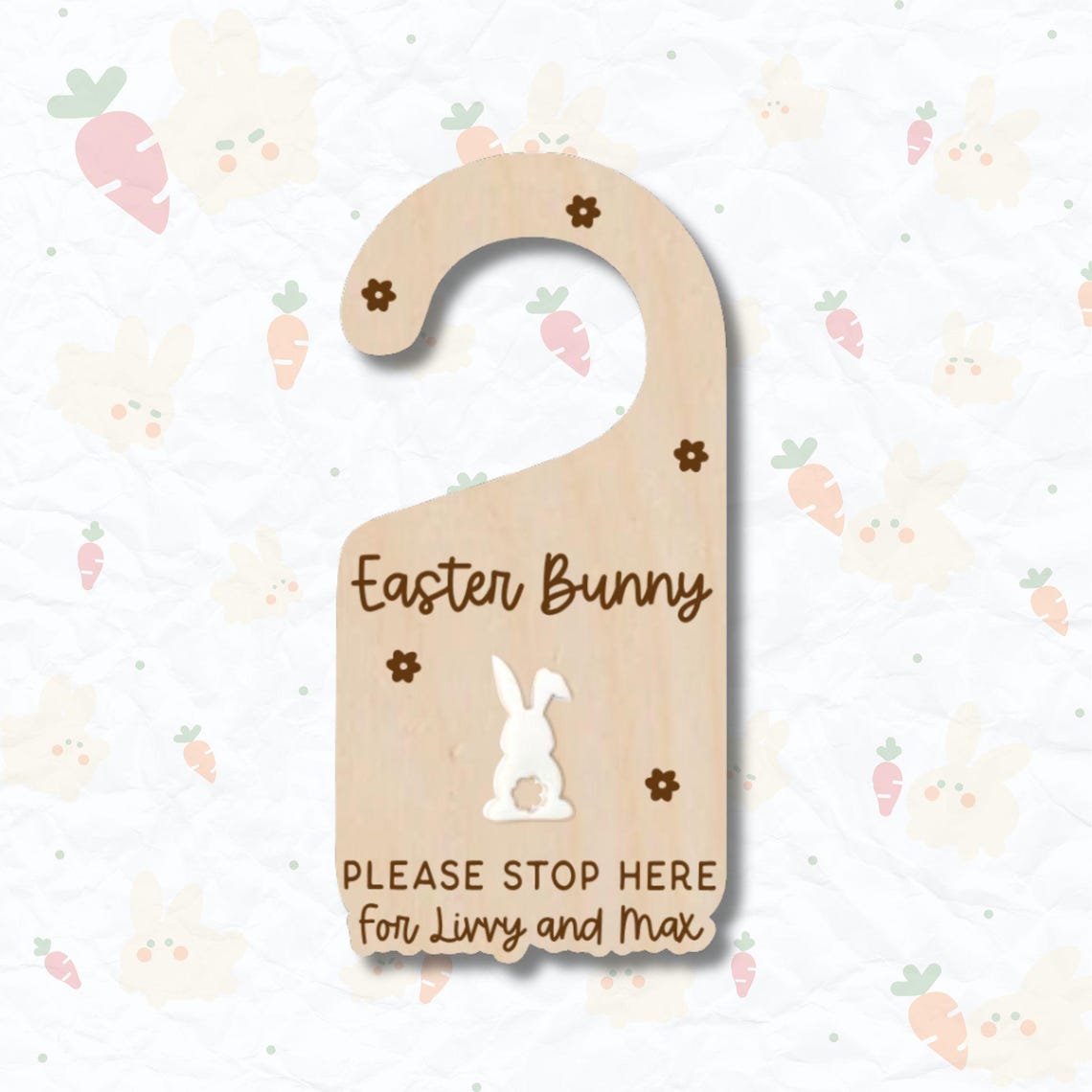 Custom Easter Bunny door knob hanger for kids decor by PeppaTree Designs featuring a festive bunny design hanging on a door knob.
