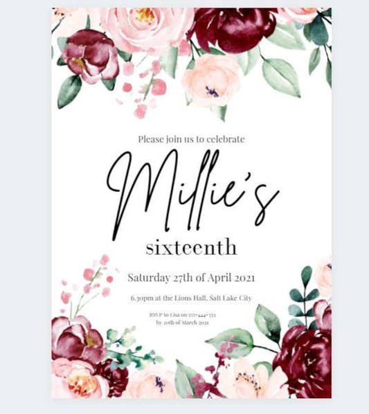 Burgundy Pink Floral DIY Invitations - PeppaTree Designs