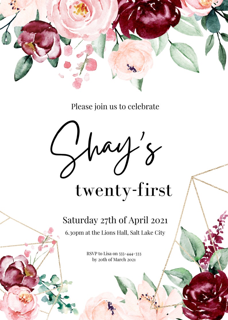 Red pink gold flower invitation for birthdays - PeppaTree Designs