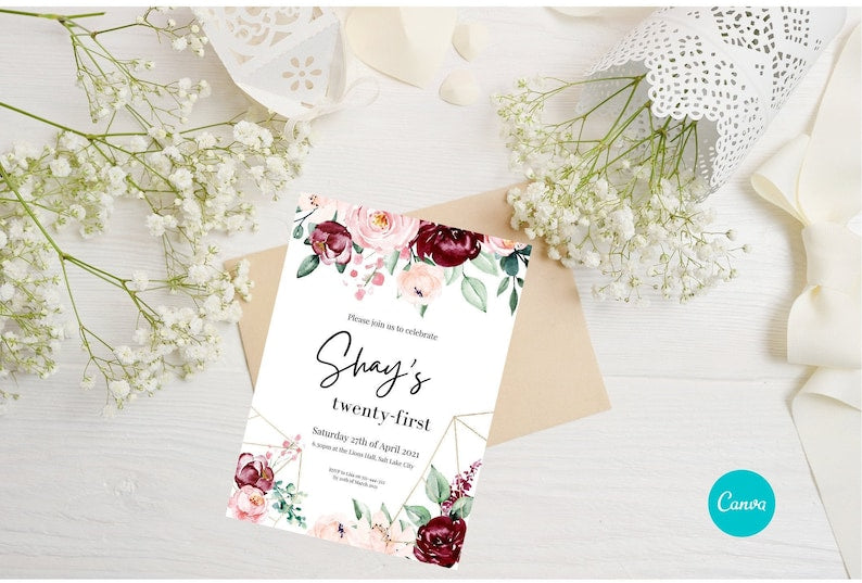Red pink gold flower birthday invitation - PeppaTree Designs