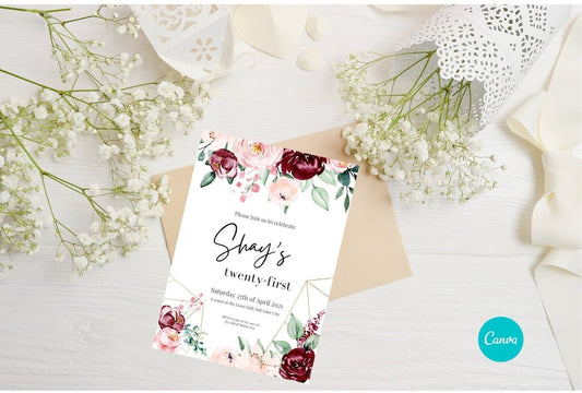 Red pink gold flower birthday invitation - PeppaTree Designs