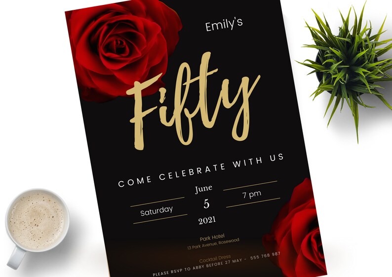 50th Red Gold Black Birthday Party Invitation, Any Age Celebration, Editable Template, Printable, Instant Download #11 - PeppaTree Designs