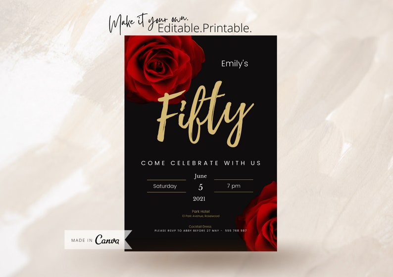 50th Red Gold Black Birthday Party Invitation, Any Age Celebration, Editable Template, Printable, Instant Download #11 - PeppaTree Designs
