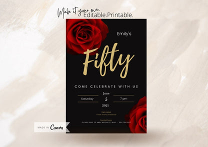 50th Red Gold Black Birthday Party Invitation, Any Age Celebration, Editable Template, Printable, Instant Download #11 - PeppaTree Designs