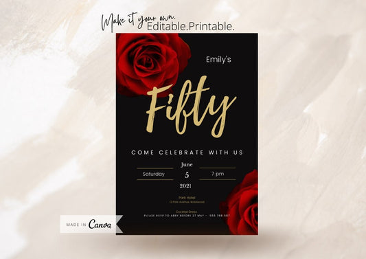 50th Red Gold Black Birthday Party Invitation, Any Age Celebration, Editable Template, Printable, Instant Download #11 - PeppaTree Designs
