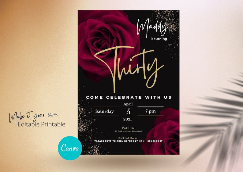50th 40th Birthday Party Invitation, Red Black Gold Invite ,Age Celebration, Editable Template, Instant Download #11S - PeppaTree Designs
