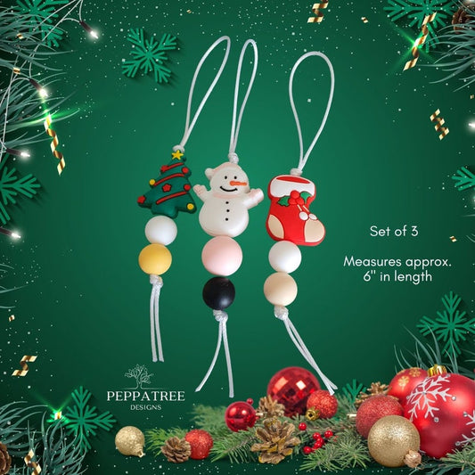 Silicone Beaded Christmas Tree Decorations | Snowman, Tree and Stocking Silicone Bead | Set of 3 - PeppaTree Designs