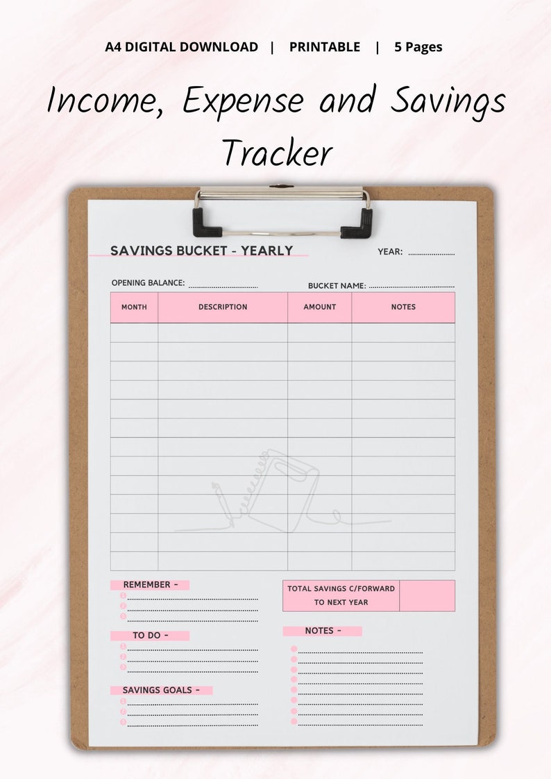 Printable income, expense, and savings tracker PDF by PeppaTree Designs showing colorful monthly financial recording sheets.