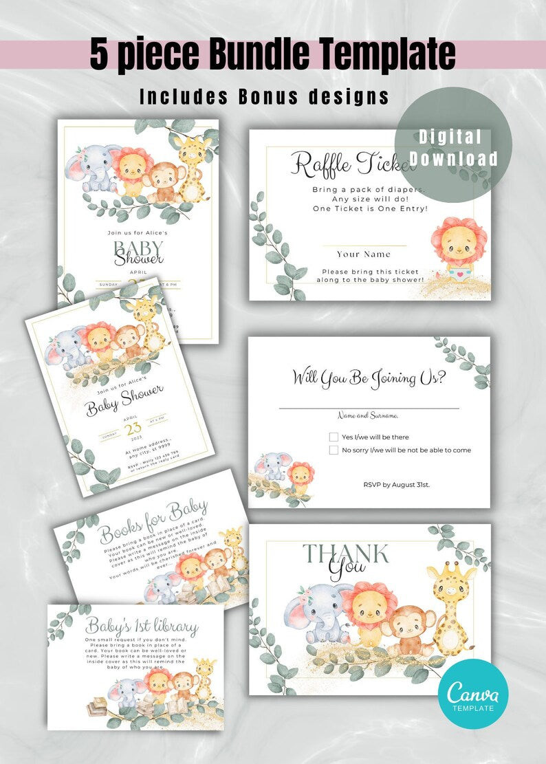 Safari Animal Baby Shower Invitation Bundle Set - PeppaTree Designs