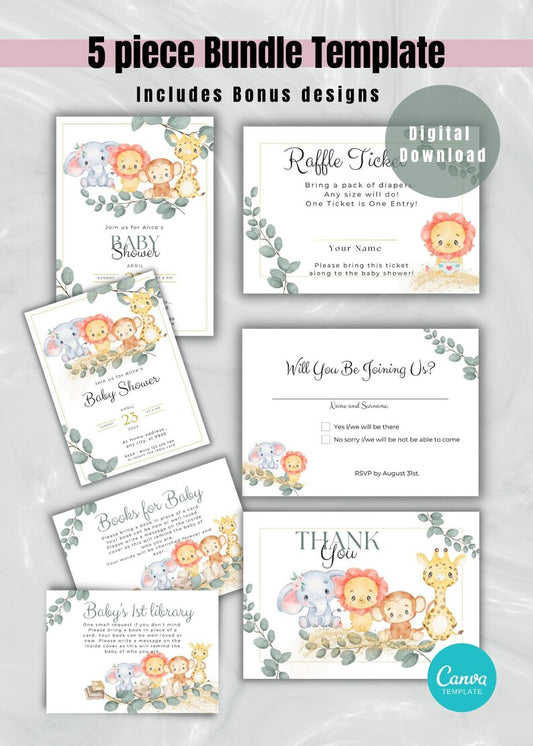 Safari Animal Baby Shower Invitation Bundle Set - PeppaTree Designs