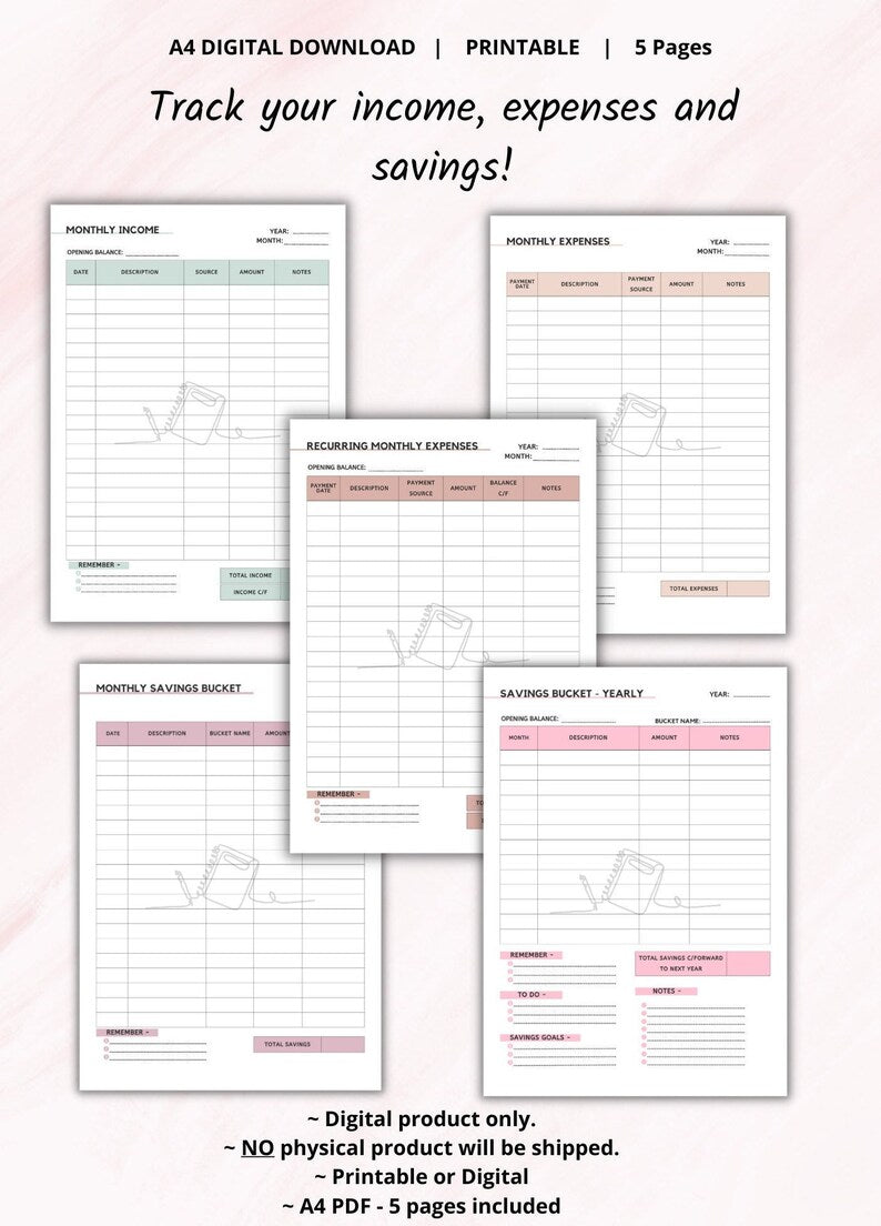 Printable Income Expense & Savings Tracker | Monthly Income Expense Recorder | Savings Bucket List | Spending Tracker | PDF - PeppaTree Designs