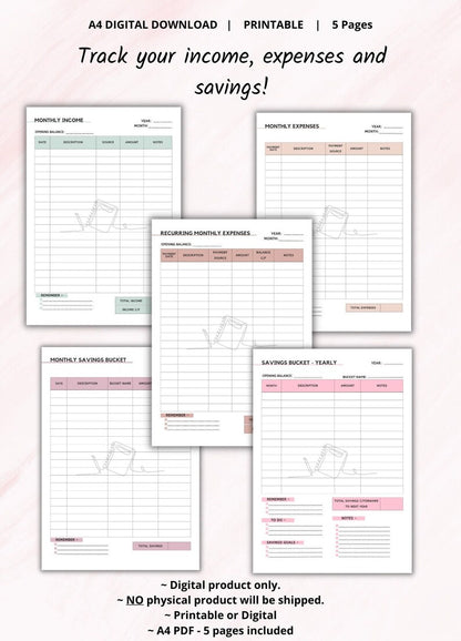 Printable Income Expense & Savings Tracker | Monthly Income Expense Recorder | Savings Bucket List | Spending Tracker | PDF - PeppaTree Designs