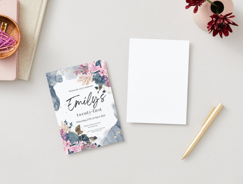 Navy Blue Watercolor Pink Editable Birthday/Party Invitation #3101 - PeppaTree Designs